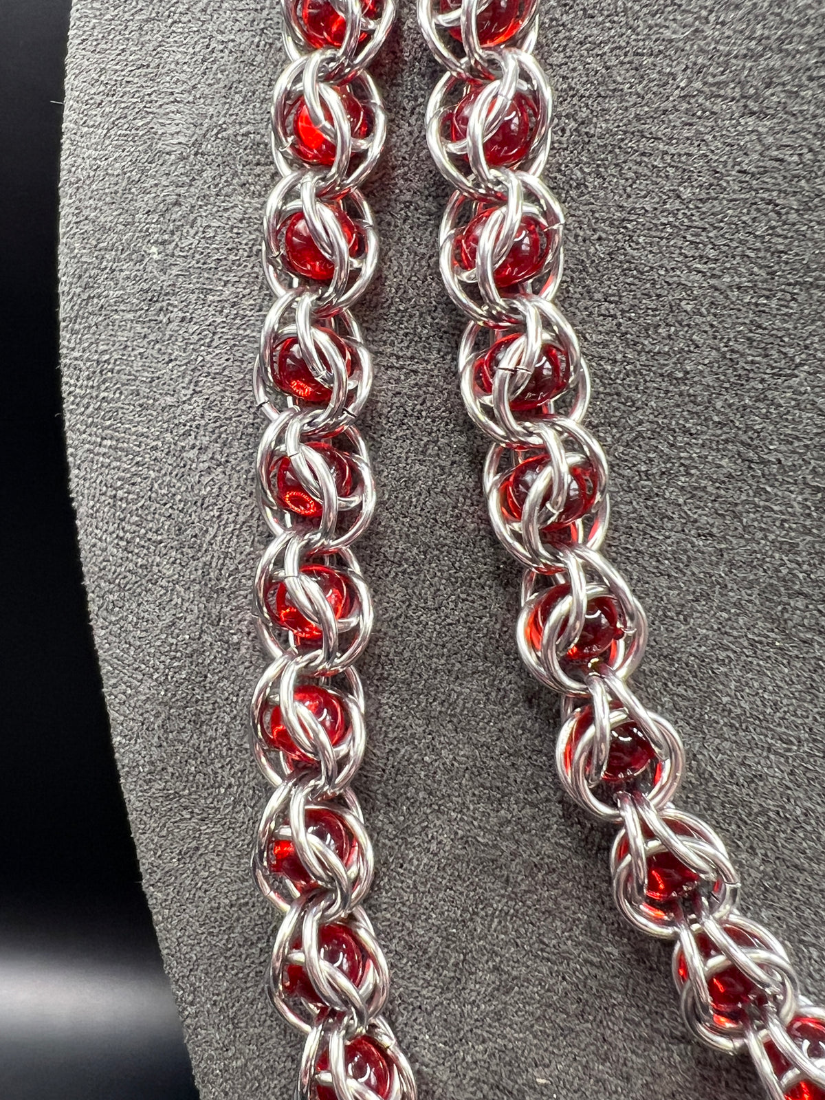 Solid Stainless Steel Double Strand Captured Red Glass Beads