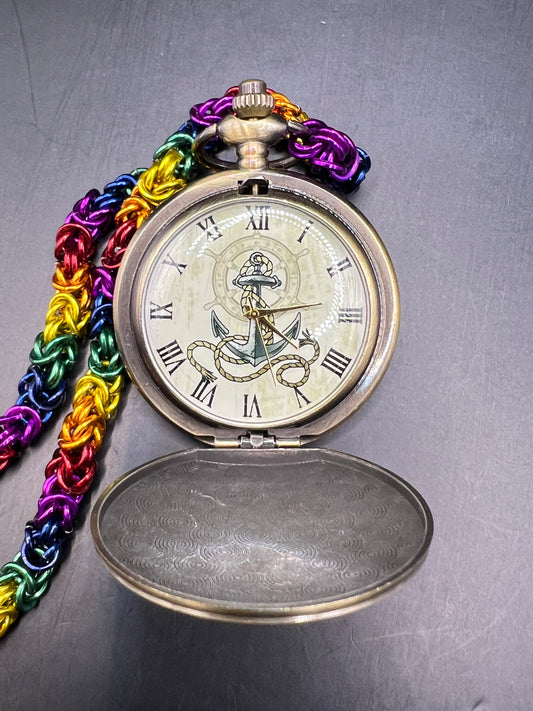 Pocket Watch with Chainmaille Chain - Rainbow Nautical
