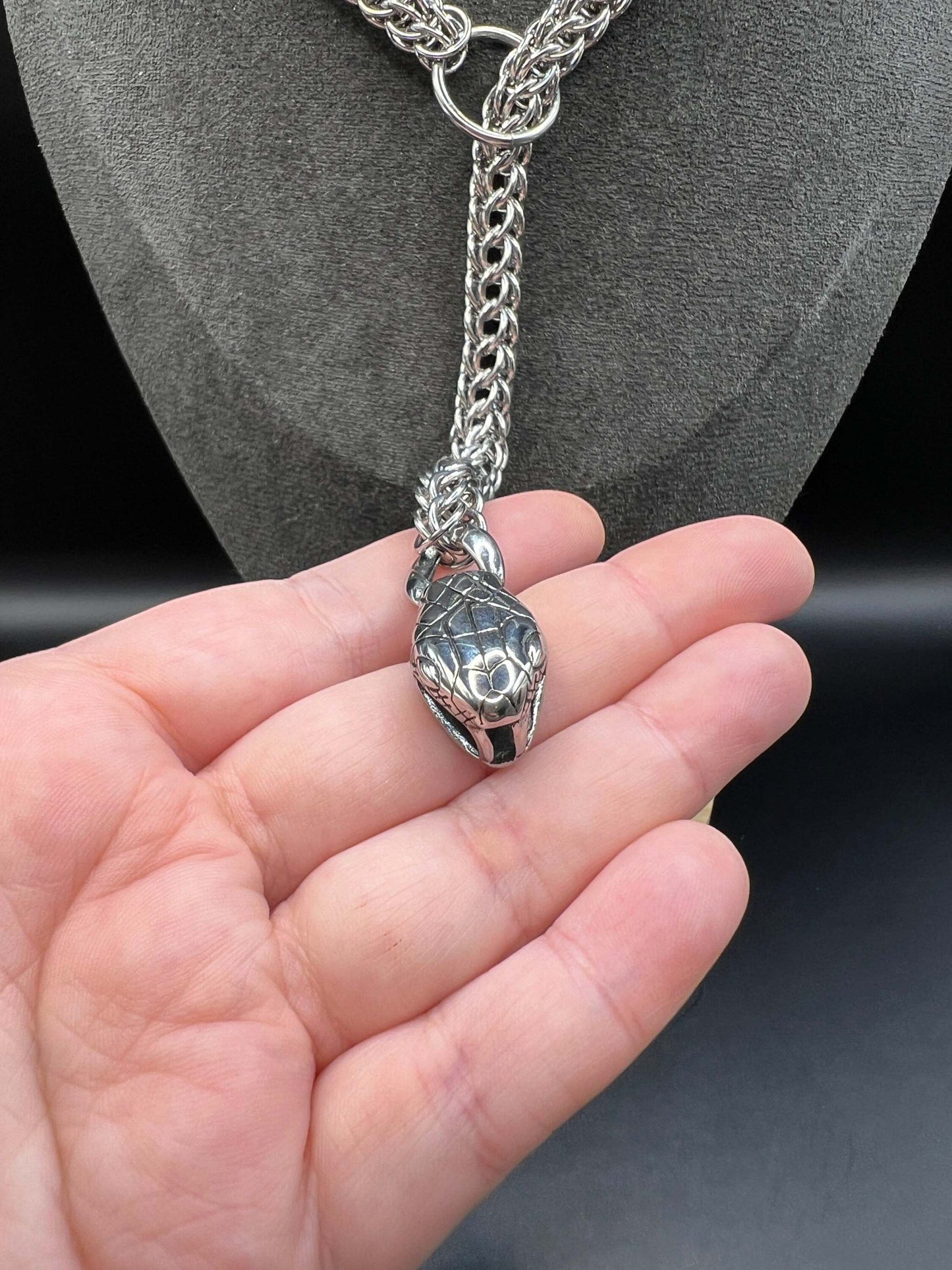 Foxtail Lariat Necklace with Snake Head at End - Measures Approx. 27" Long from Snake to Ring, Solid Stainless Steel with Nice Drape