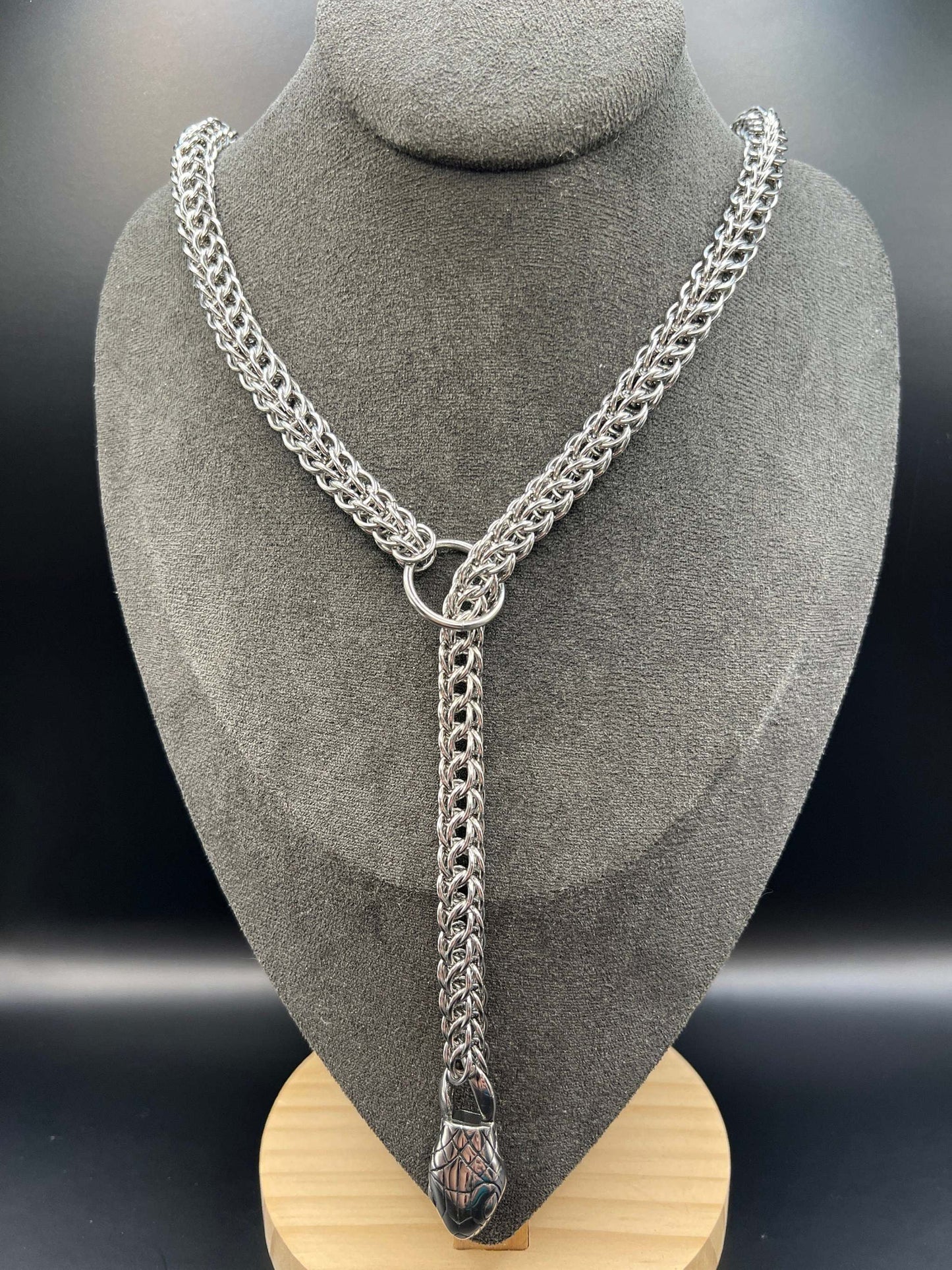 Foxtail Lariat Necklace with Snake Head at End - Measures Approx. 27" Long from Snake to Ring, Solid Stainless Steel with Nice Drape