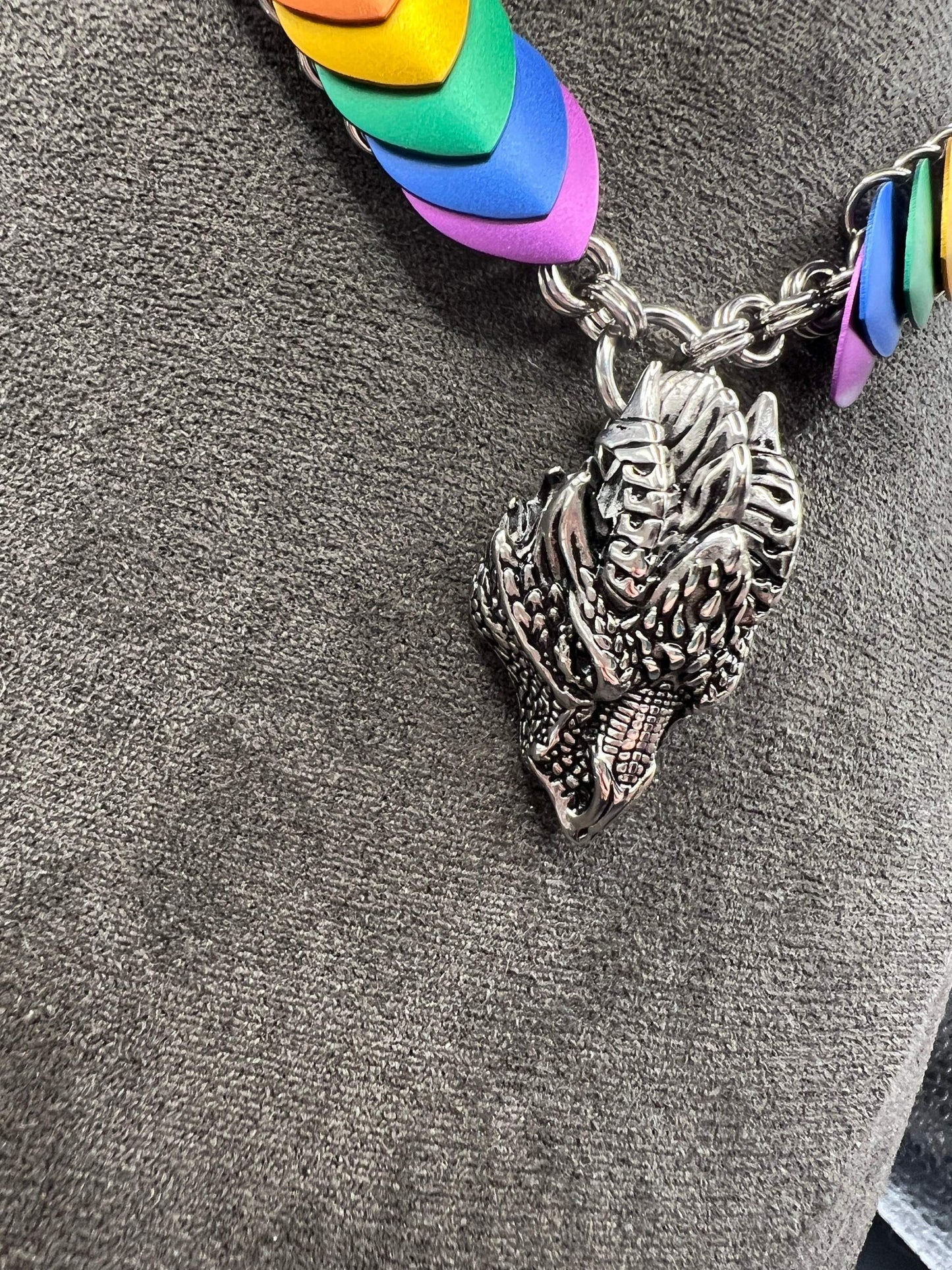 Rainbow Silver Dragon - Stainless Steel and Anodized Aluminum Scalemaille Necklace Measuring Approx. 24.5" Long