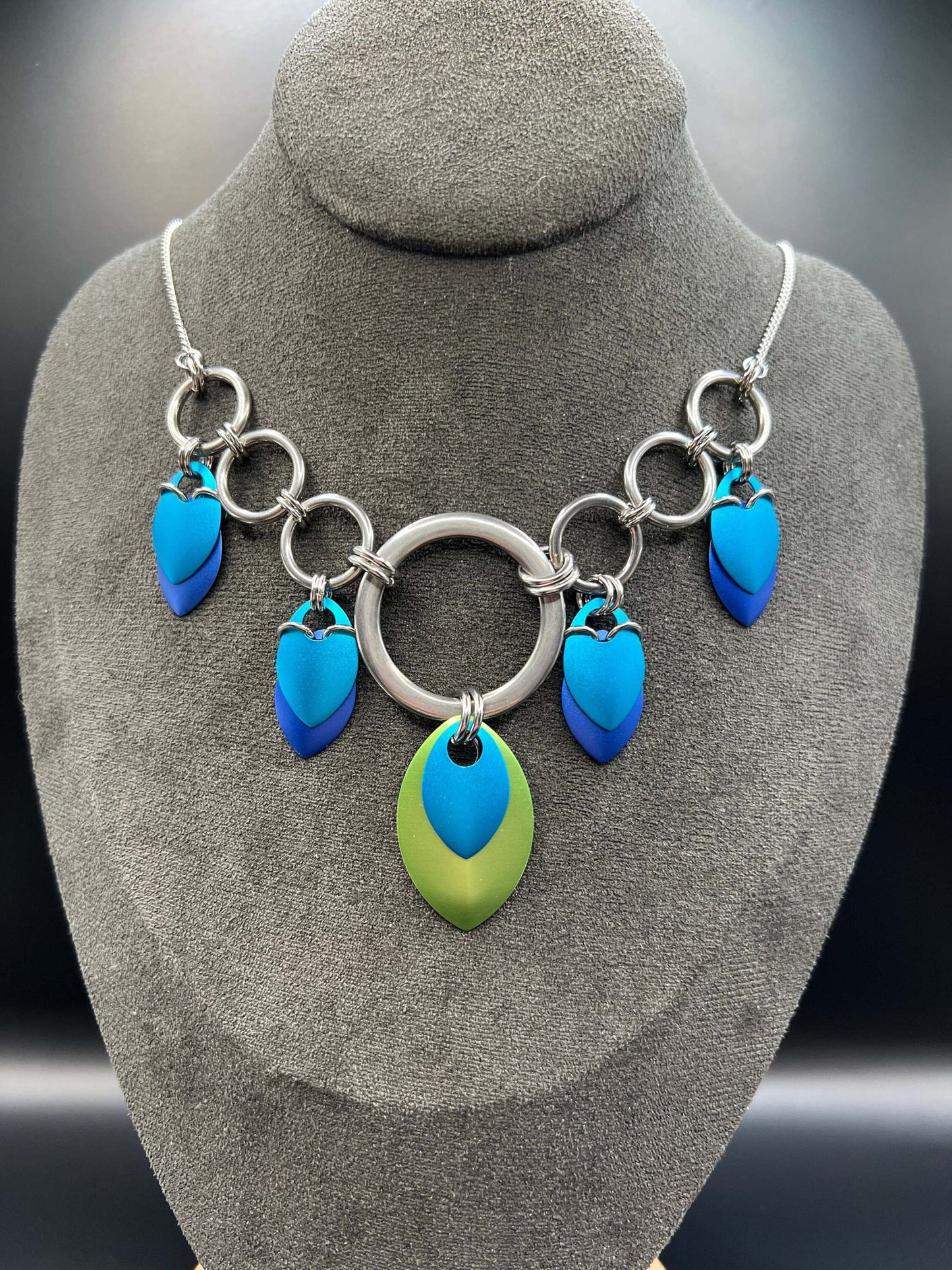 Peacock Inspiration - Stainless Steel and Anodized Aluminum Chainmaille & Scalemaille Necklace Measuring Approx. 25.5" Long