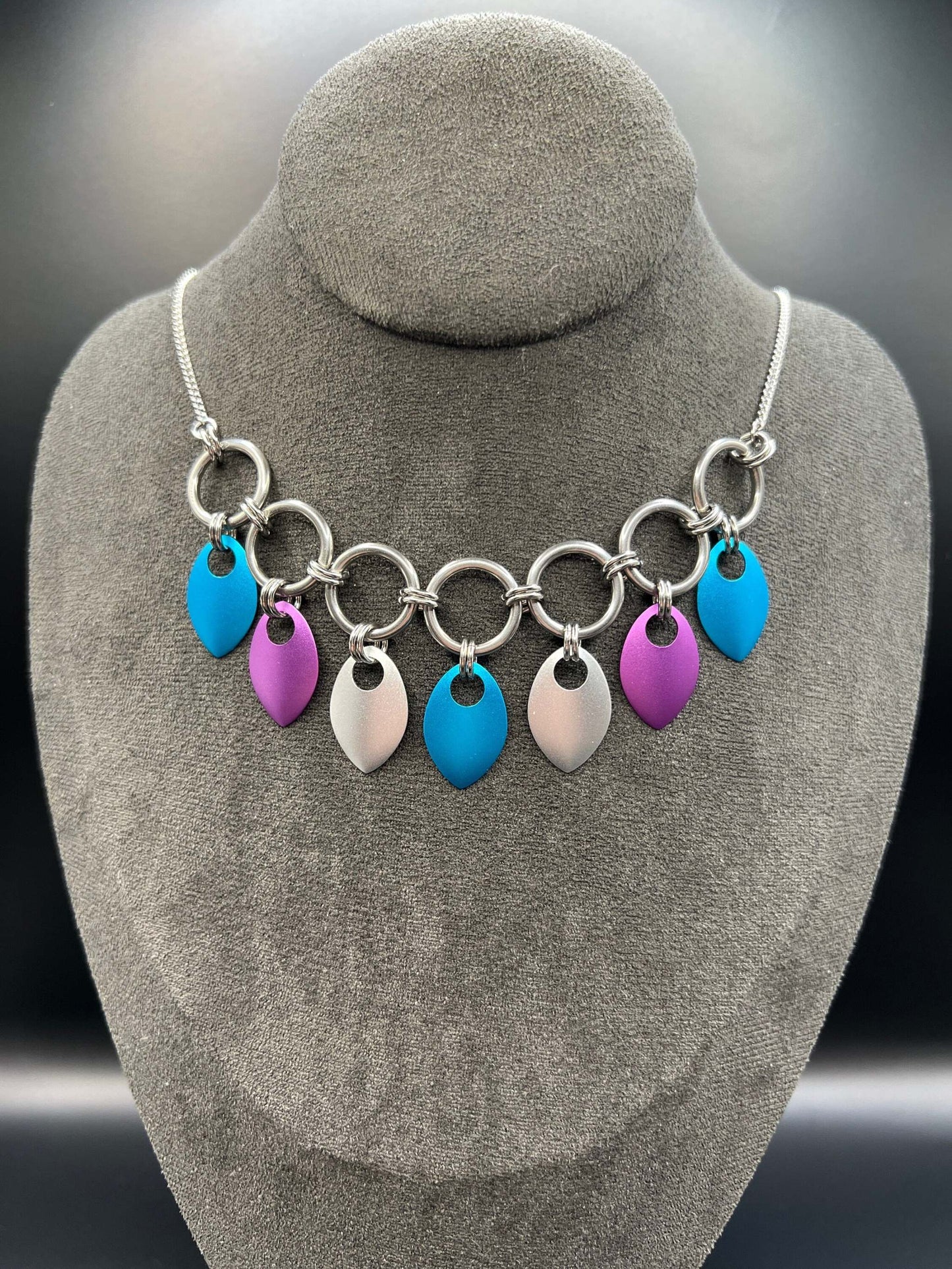 Turquoise, Violet and Frost - Stainless Steel and Anodized Aluminum Chainmaille & Scalemaille Necklace Measuring Approx. 25" Long