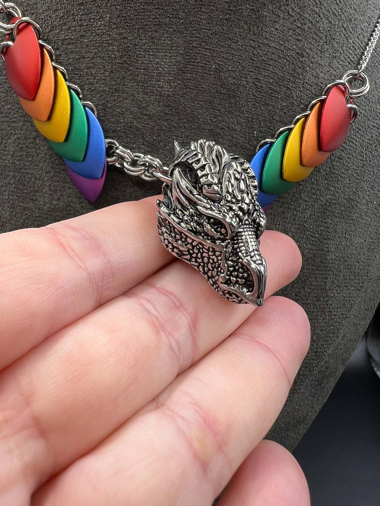 Rainbow Silver Dragon - Stainless Steel and Anodized Aluminum Scalemaille Necklace Measuring Approx. 24.5" Long