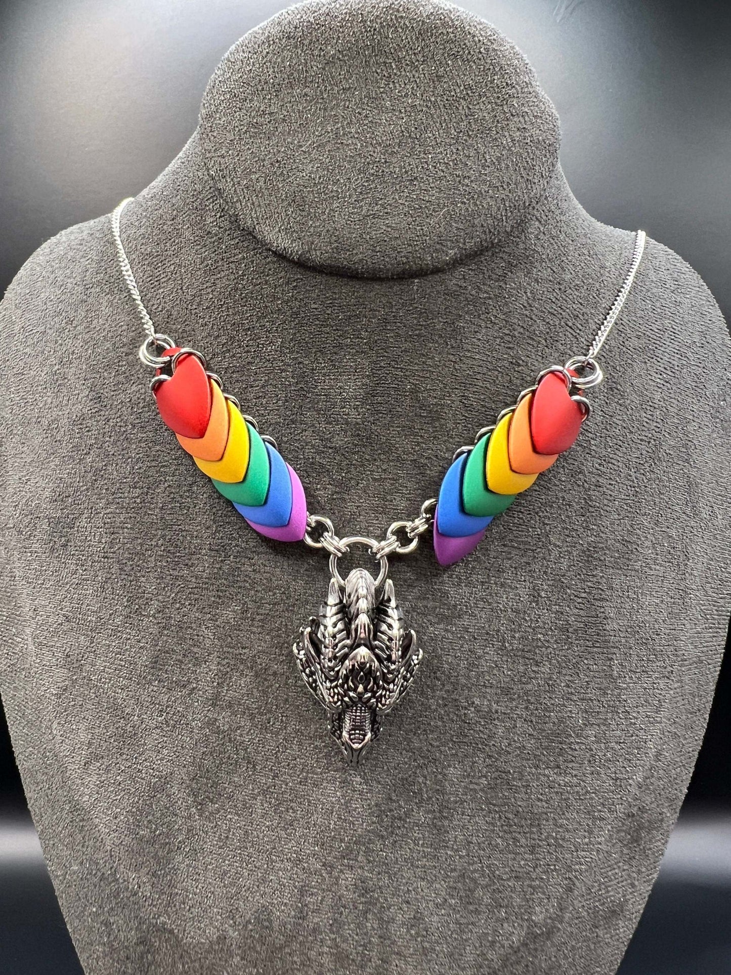 Rainbow Silver Dragon - Stainless Steel and Anodized Aluminum Scalemaille Necklace Measuring Approx. 24.5" Long