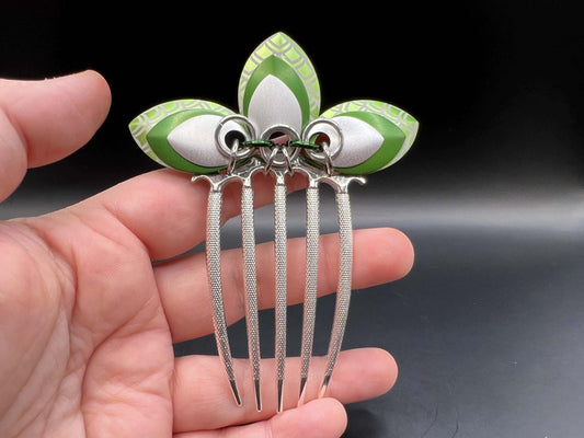 Large Green & Silver Engraved Scalemaille Fan Hair Comb Measuring approx. 4" Long