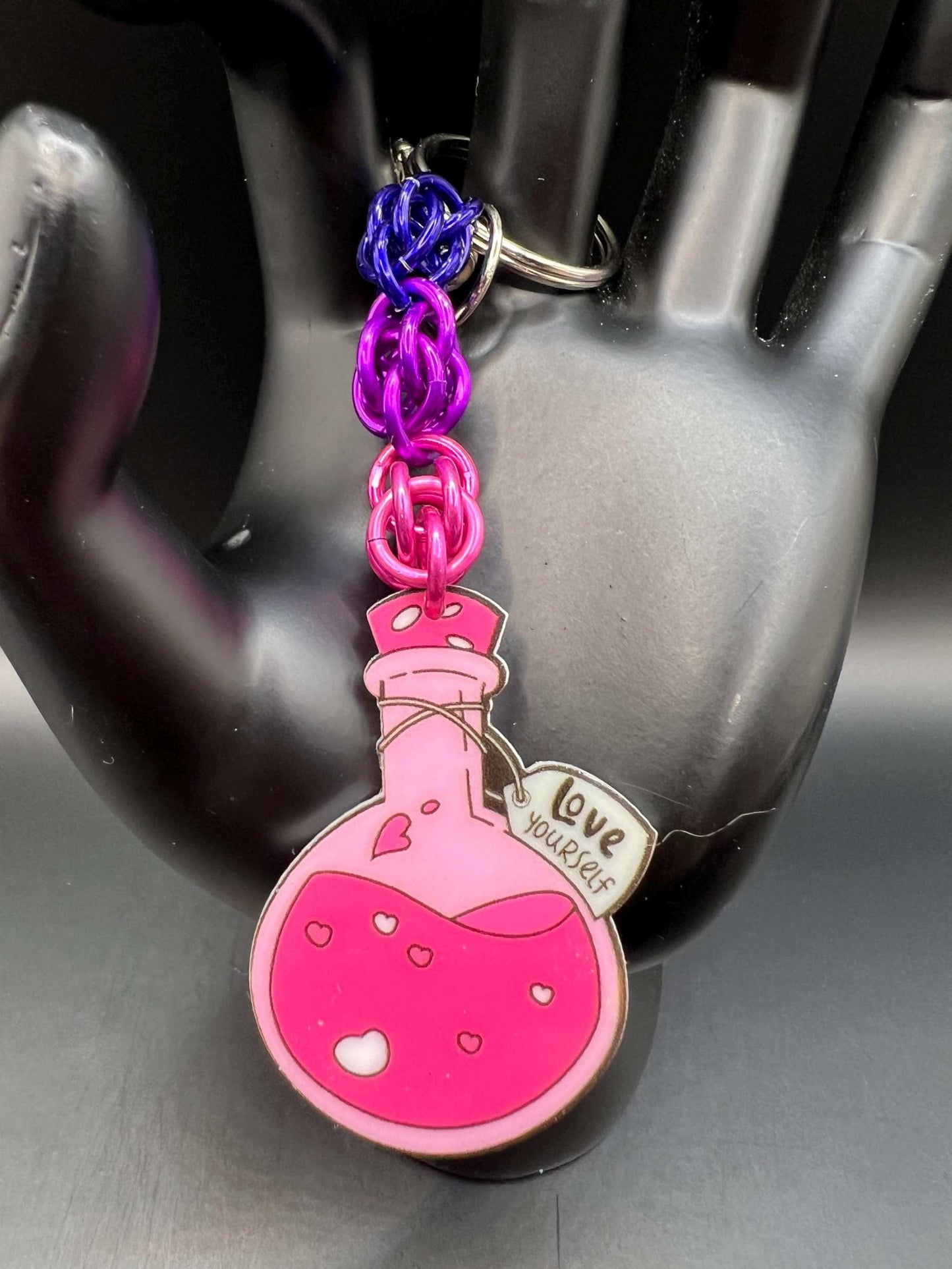 Pink & Purple Self Love Potion Bottle Chainmaille Keychain Measuring Approx. 4" Long