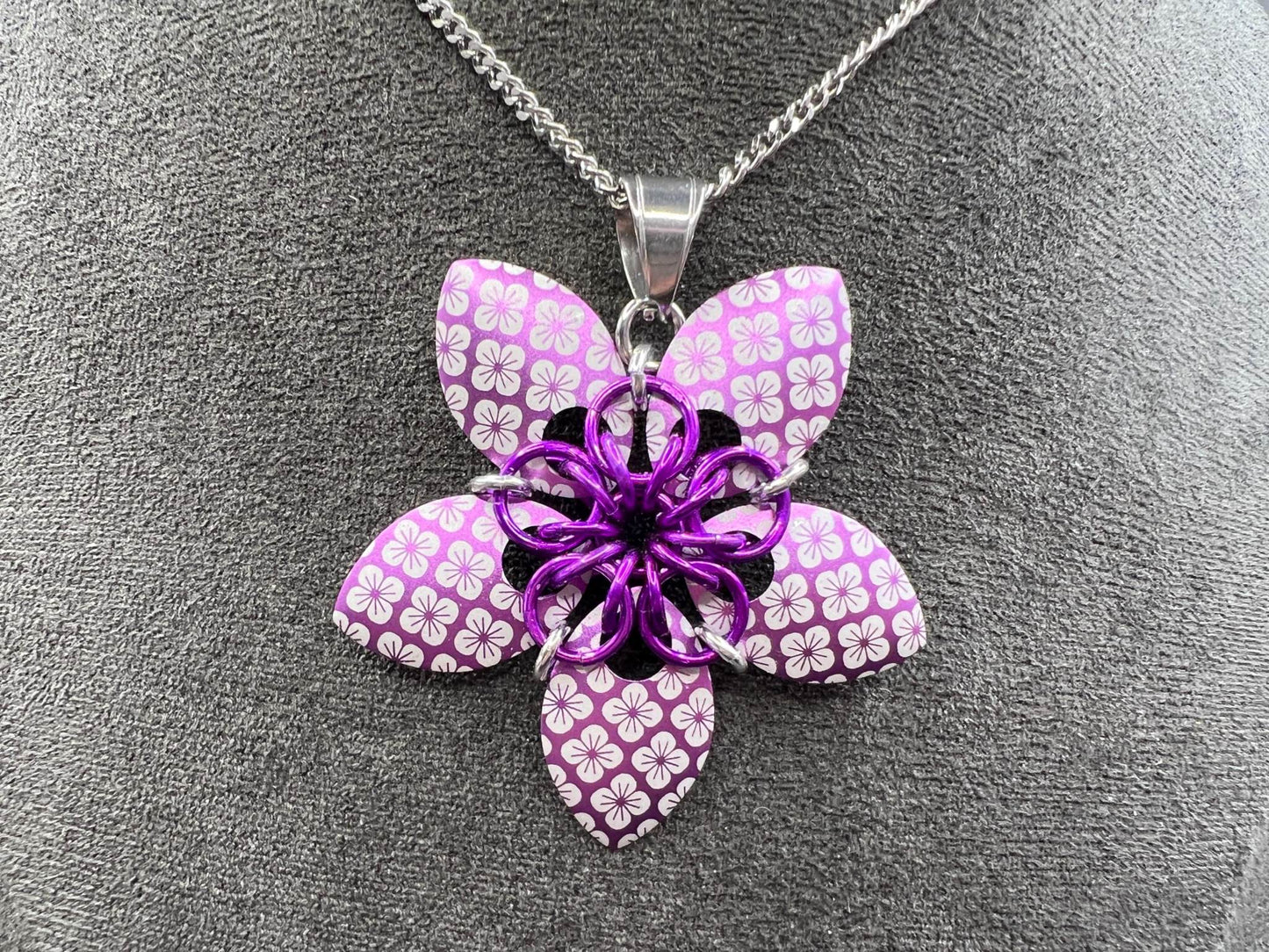 Engraved Scalemaille Flower Pendant, Violet, Measuring Approx. 2" Long