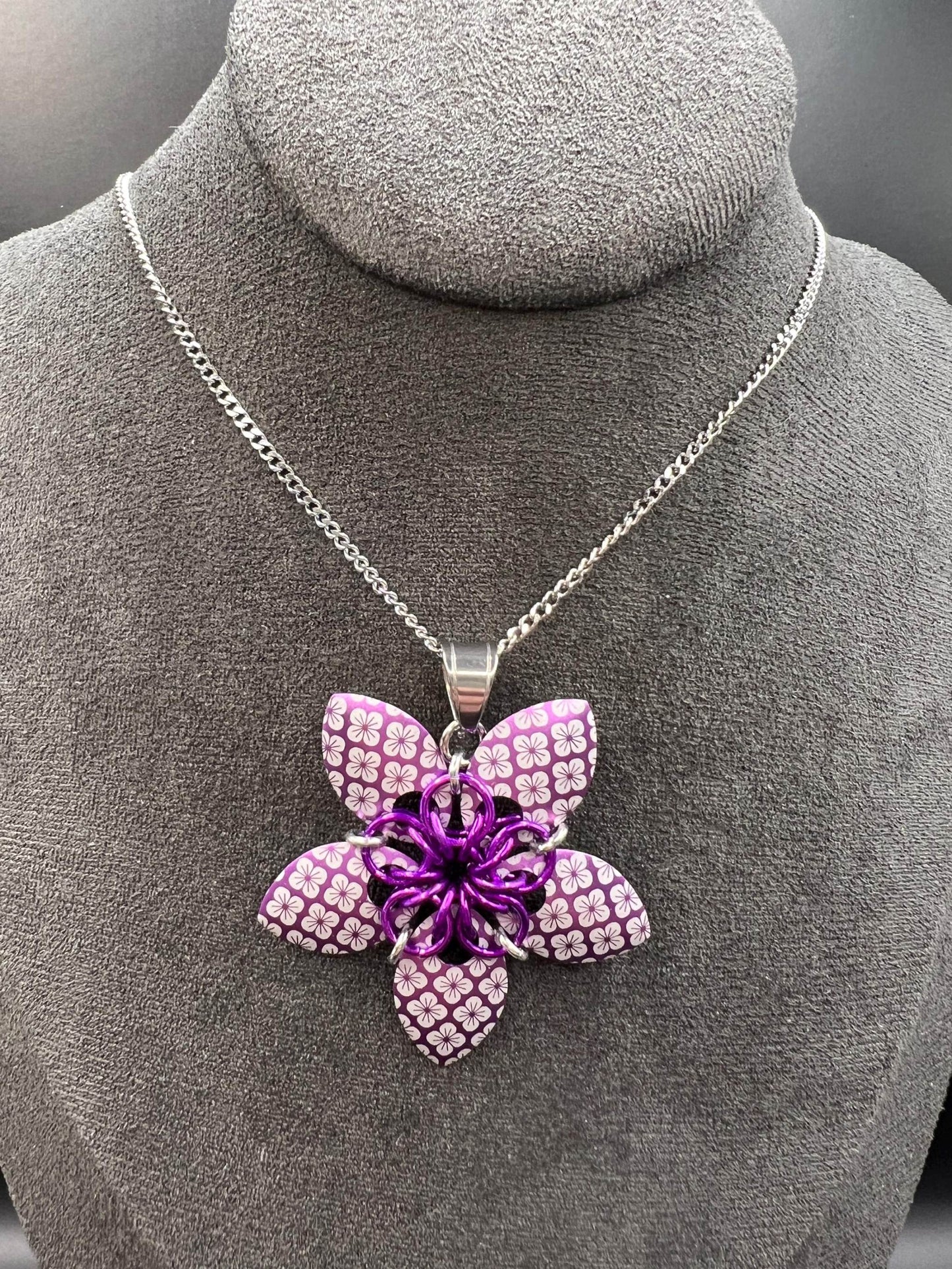 Engraved Scalemaille Flower Pendant, Violet, Measuring Approx. 2" Long