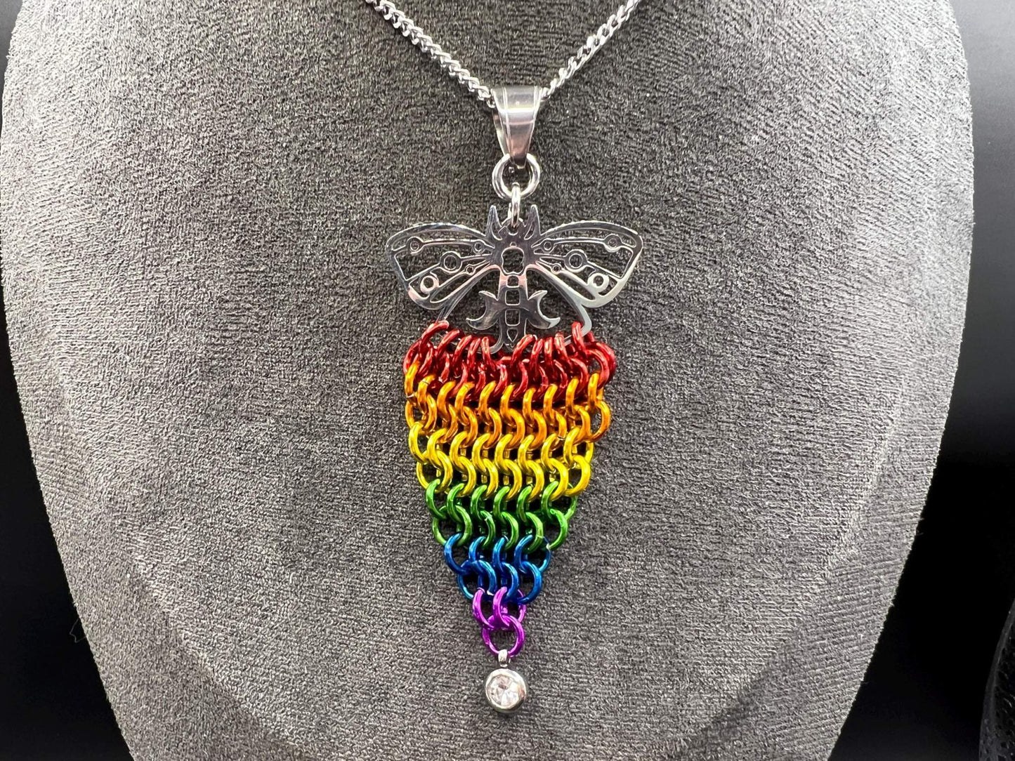 Rainbow Chainmaille Lunar Moth Pendant Measuring Approx. 3.25" Long, Stainless Steel & Anodized Aluminum