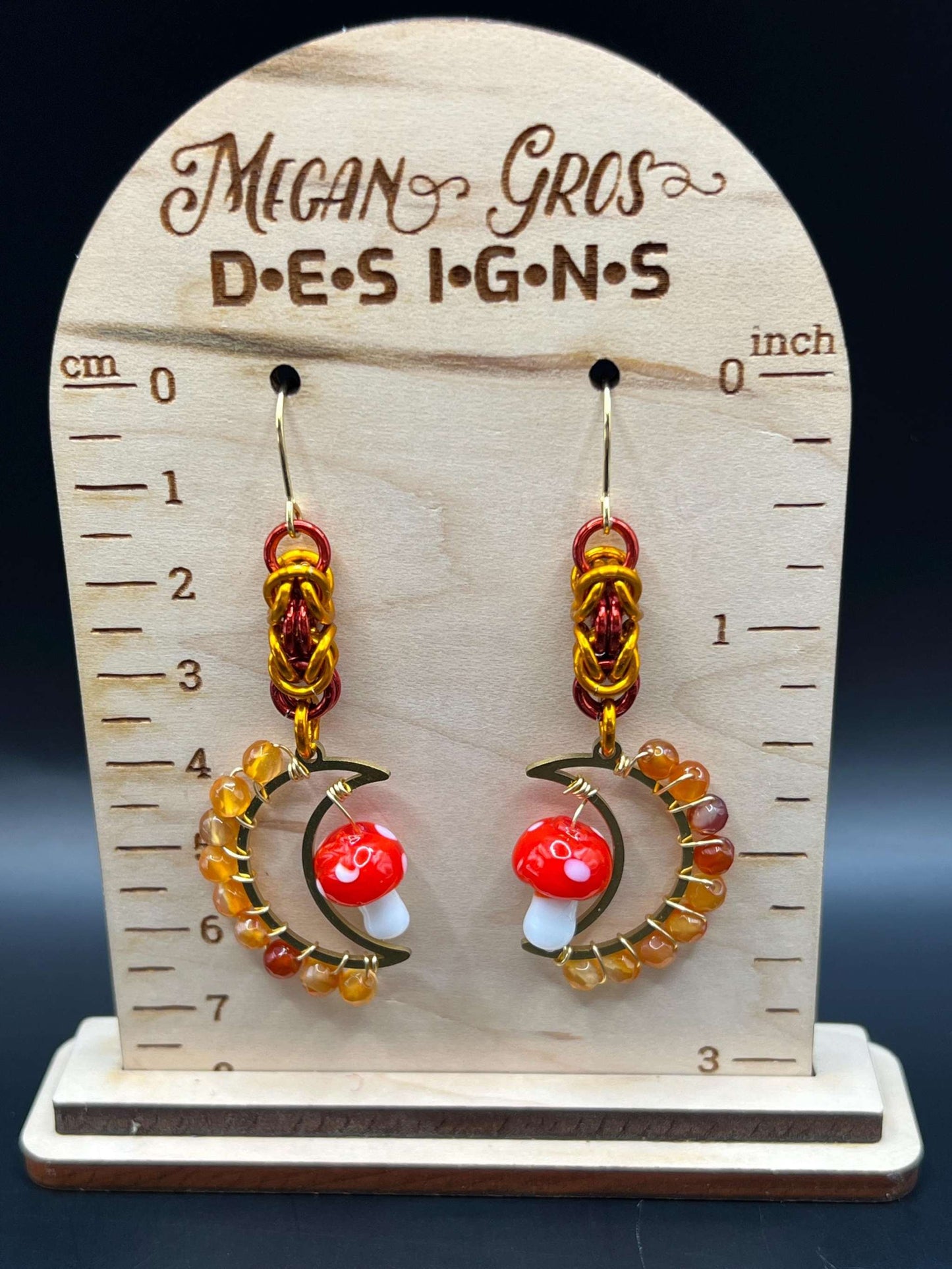 Red Carnelian-Accented Mushroom Moon Chainmaille Earrings Measuring Approx. 2.75" Long