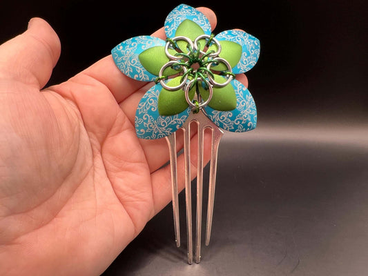 Large Blue & Green Engraved Scalemaille Flower Hair Comb Measuring approx. 5" Long