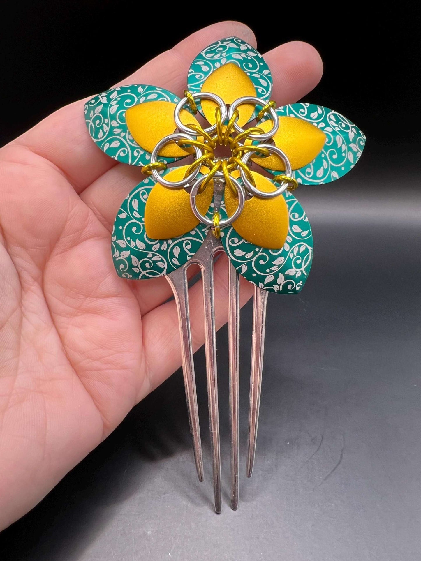Large Teal & Yellow Engraved Scalemaille Flower Hair Comb Measuring approx. 5" Long