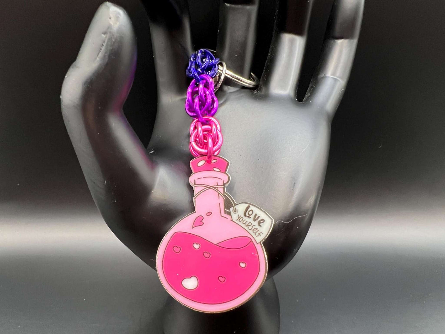 Pink & Purple Self Love Potion Bottle Chainmaille Keychain Measuring Approx. 4" Long
