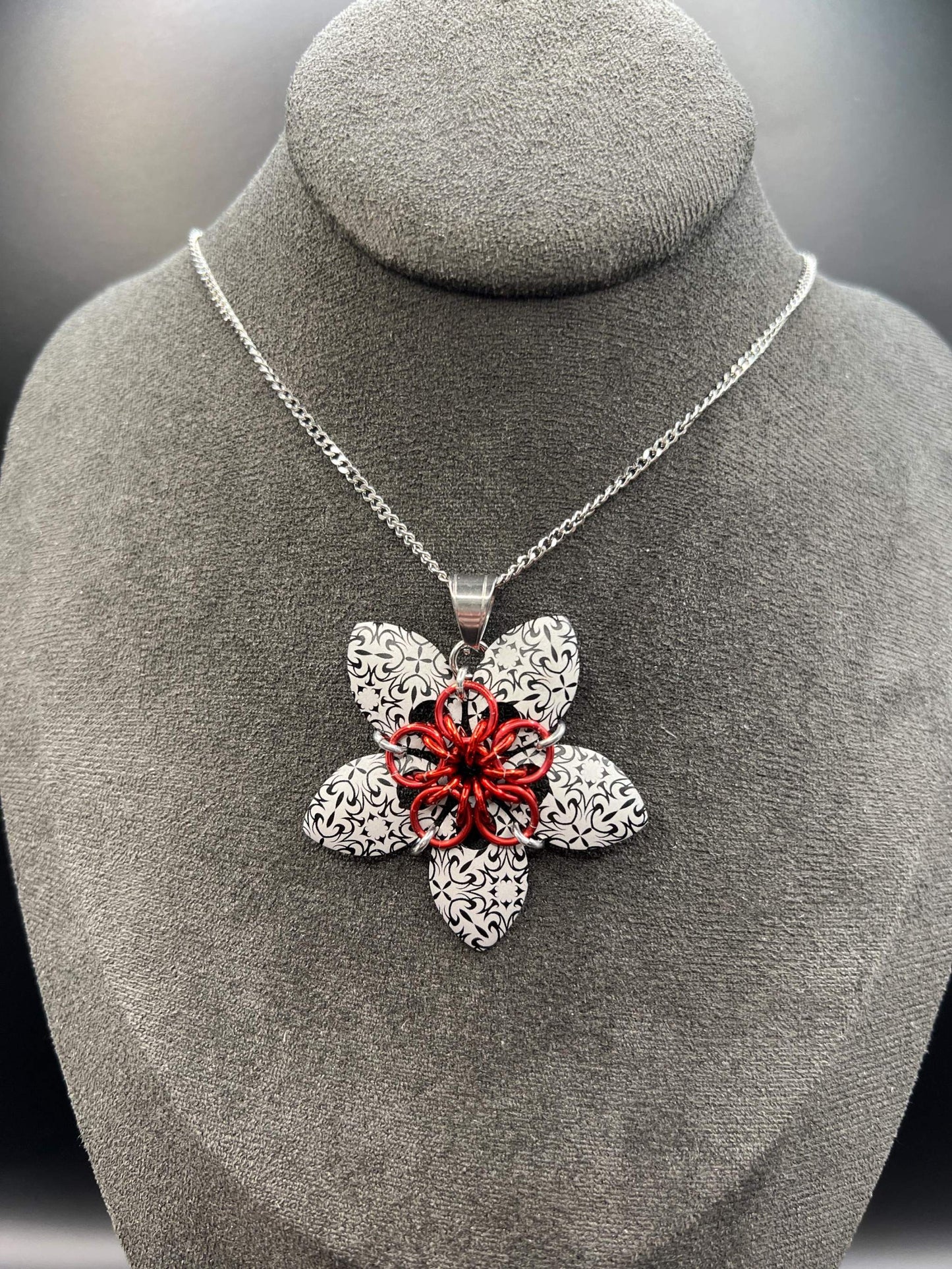 Engraved Scalemaille Flower Pendant, Black & Red, Measuring Approx. 2" Long