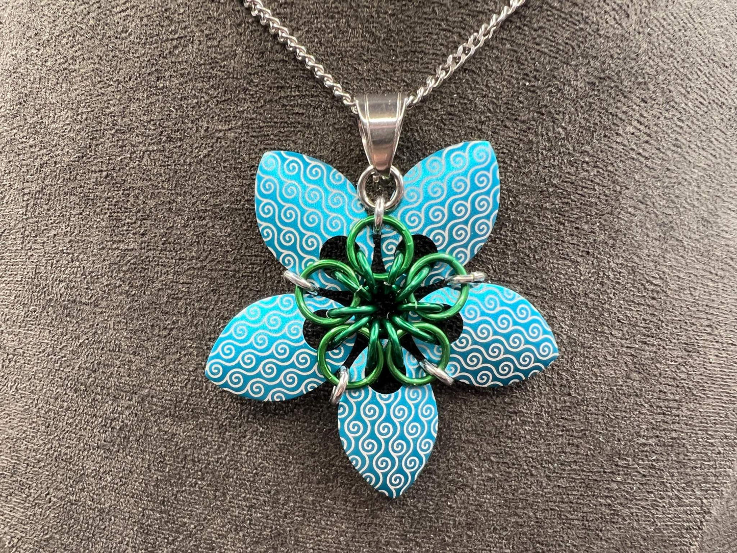 Engraved Scalemaille Flower Pendant, Blue & Green, Measuring Approx. 2" Long