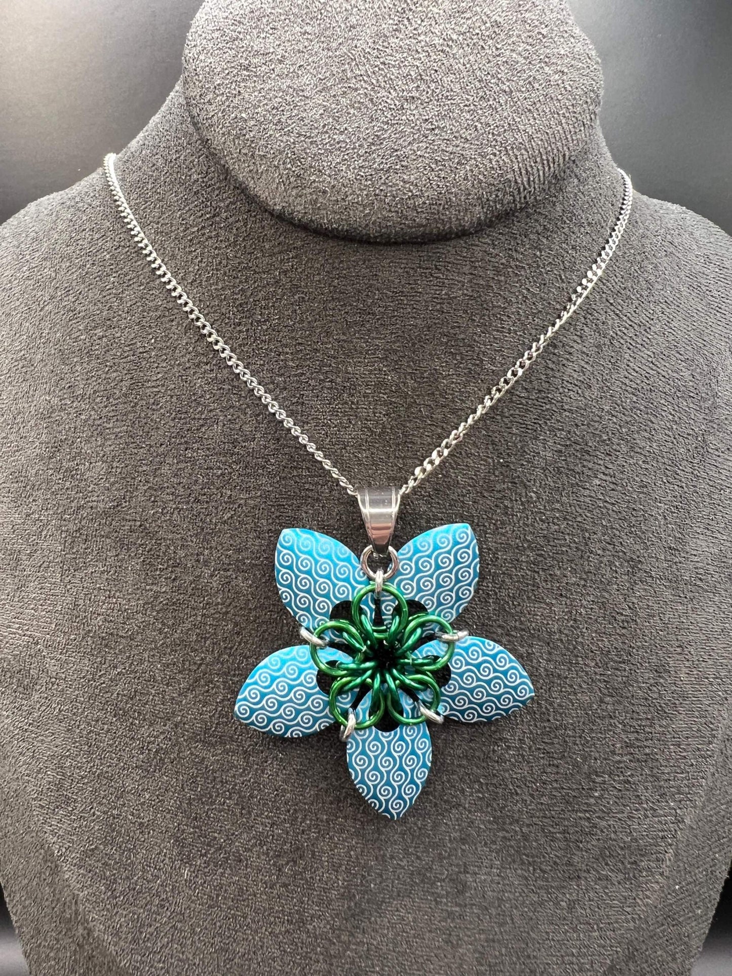 Engraved Scalemaille Flower Pendant, Blue & Green, Measuring Approx. 2" Long