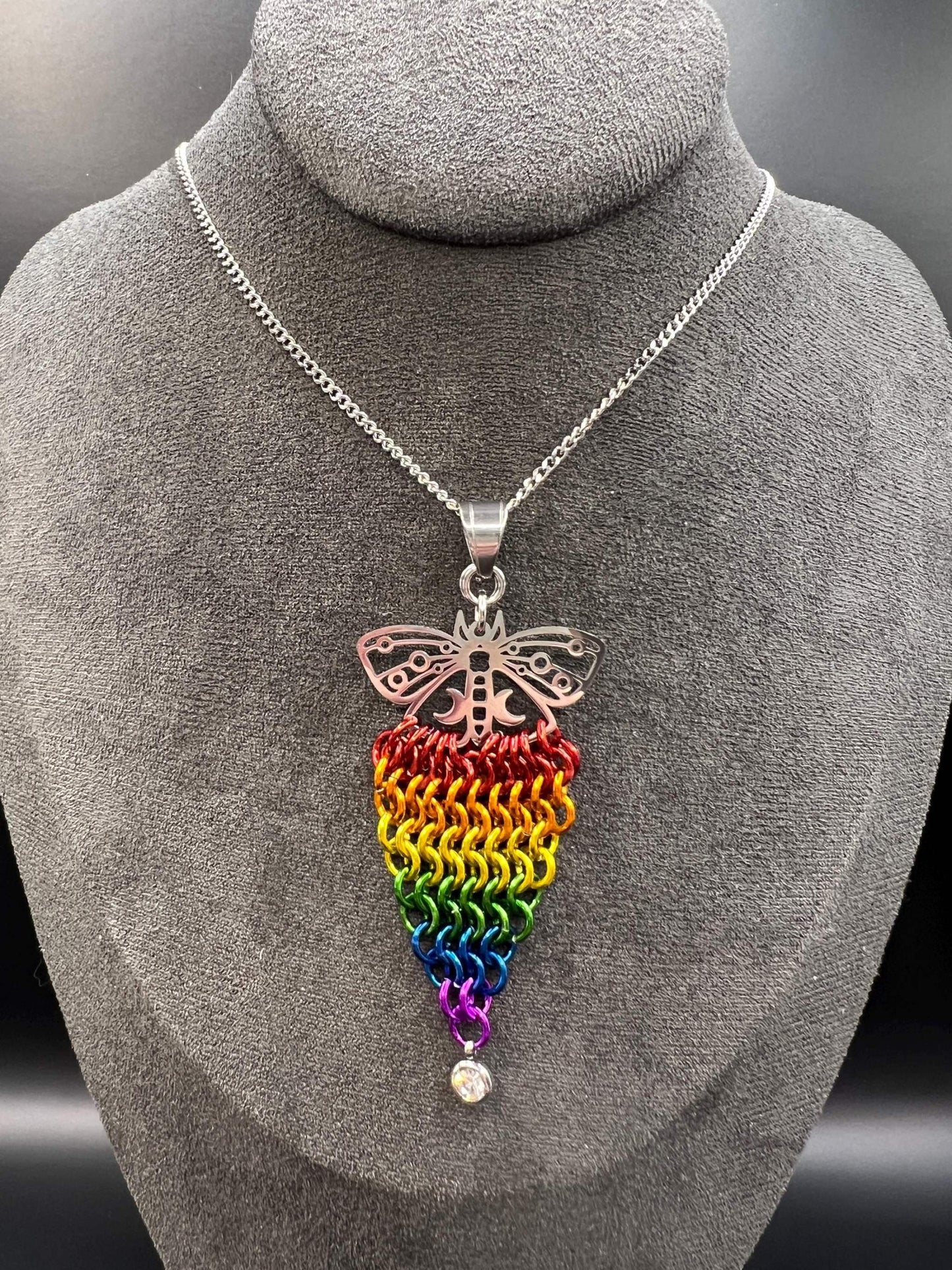 Rainbow Chainmaille Lunar Moth Pendant Measuring Approx. 3.25" Long, Stainless Steel & Anodized Aluminum