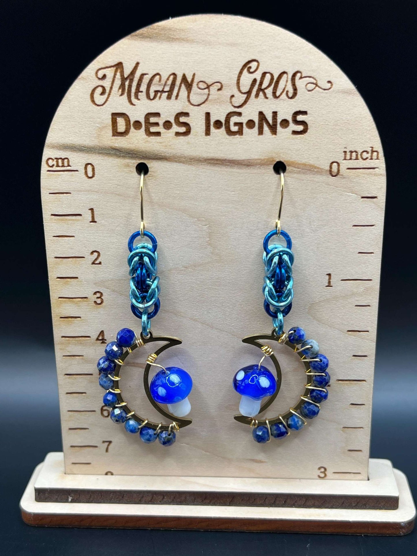 Blue Lapis Lazuli-Accented Mushroom Moon Chainmaille Earrings Measuring Approx. 2.75" Long