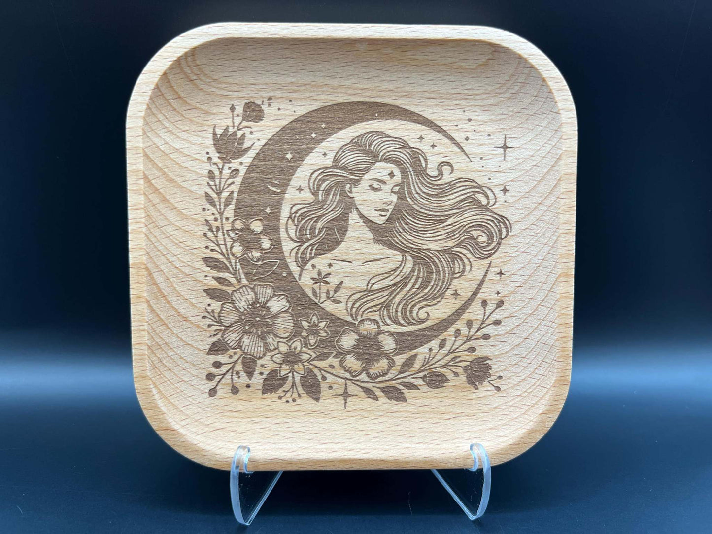 Crescent Moon Woman Laser Engraved Wood Trinket Tray Measuring Approx. 5" in Diameter. Jewellery Storage, Decorative Tray