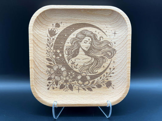 Crescent Moon Woman Laser Engraved Wood Trinket Tray Measuring Approx. 5" in Diameter. Jewellery Storage, Decorative Tray