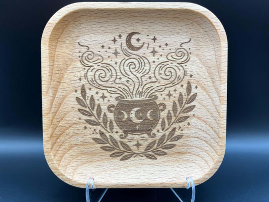 Cauldron Laser Engraved Wood Trinket Tray Measuring Approx. 5" in Diameter. Jewellery Storage, Decorative Tray