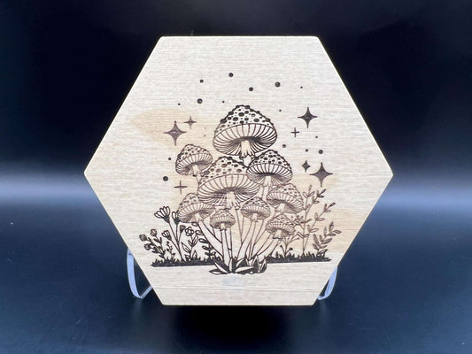 Mushroom Cluster Laser Engraved Wood Trinket or Stash Box Measuring Approx. 3.5" in Diameter. Jewellery Storage, Decorative Box