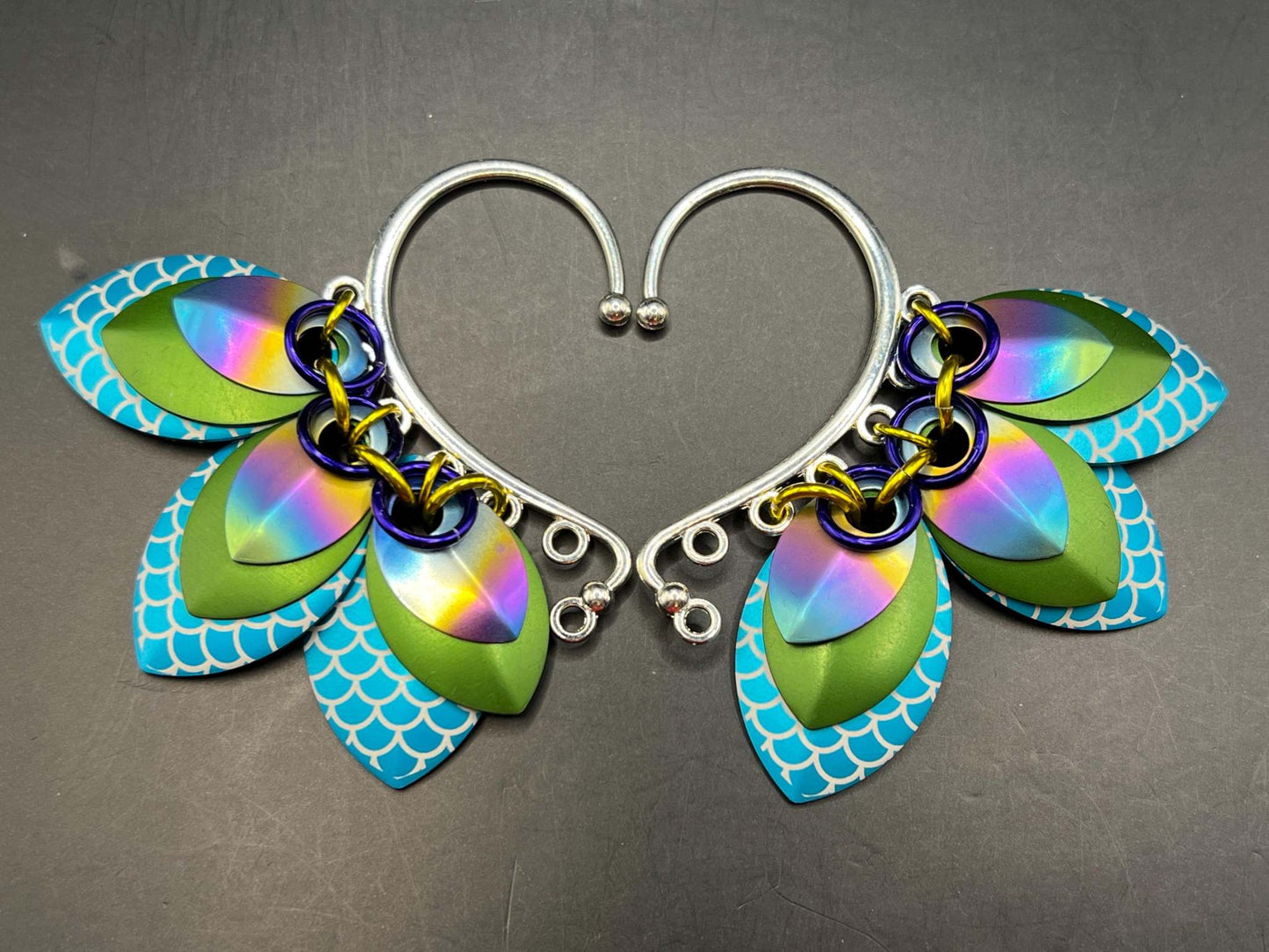 Turquoise, Green & Rainbow Mermaid - Set of 2 Scalemaille Ear Cuffs with Anodized Aluminum Laser Engraved Premium Scales