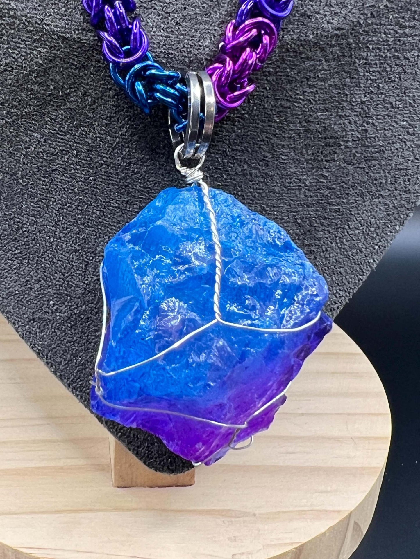 Dyed Quartz Pendant in Purples & Blue Chainmaille Necklace, Petite Byzantine, Anodized Aluminum, Measures Approx. 19.5-21" Long