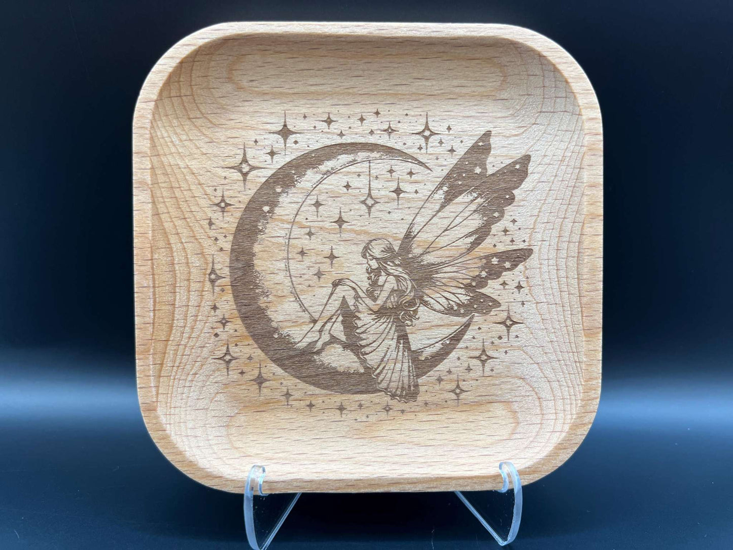 Crescent Moon Fairy Laser Engraved Wood Trinket Tray Measuring Approx. 5" in Diameter. Jewellery Storage, Decorative Tray