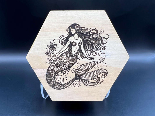 Mermaid Laser Engraved Wood Trinket or Stash Box Measuring Approx. 3.5" in Diameter. Jewellery Storage, Decorative Box