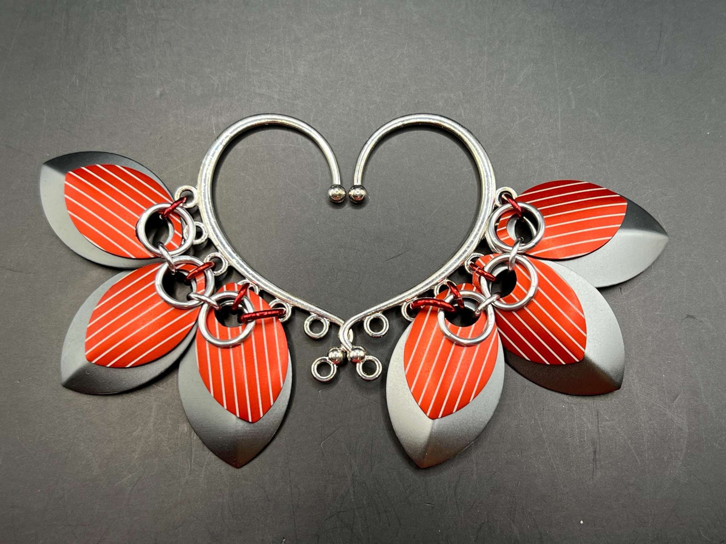 Red & Gray Pinstripe - Set of 2 Scalemaille Ear Cuffs with Anodized Aluminum Laser Engraved Premium Scales