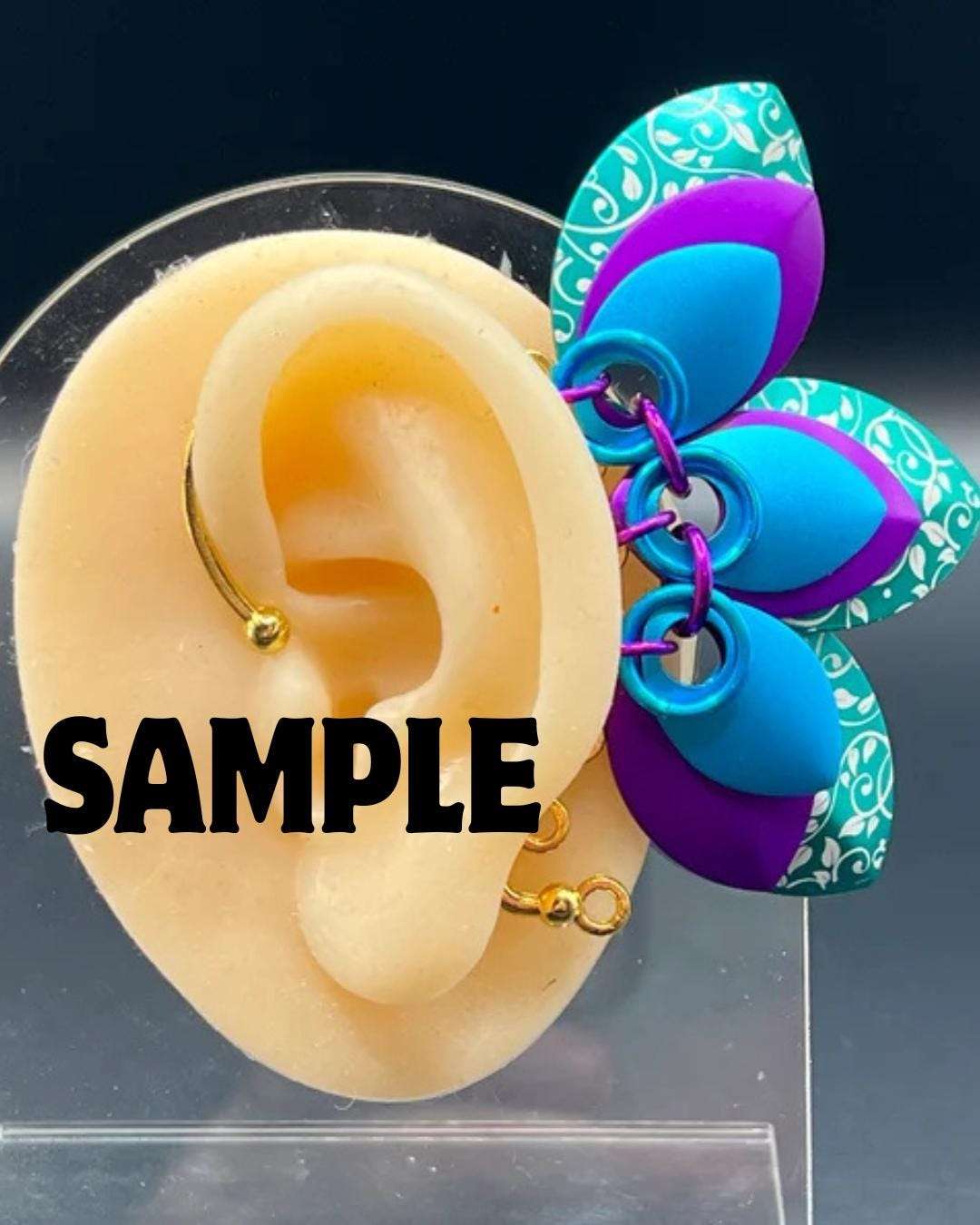 Red & Gray Filigree - Set of 2 Scalemaille Ear Cuffs with Anodized Aluminum Laser Engraved Premium Scales