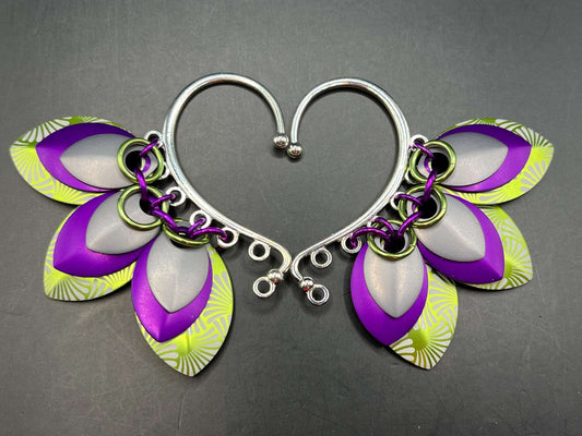 Purple & Lime Green Swirl - Set of 2 Scalemaille Ear Cuffs with Anodized Aluminum Laser Engraved Premium Scales