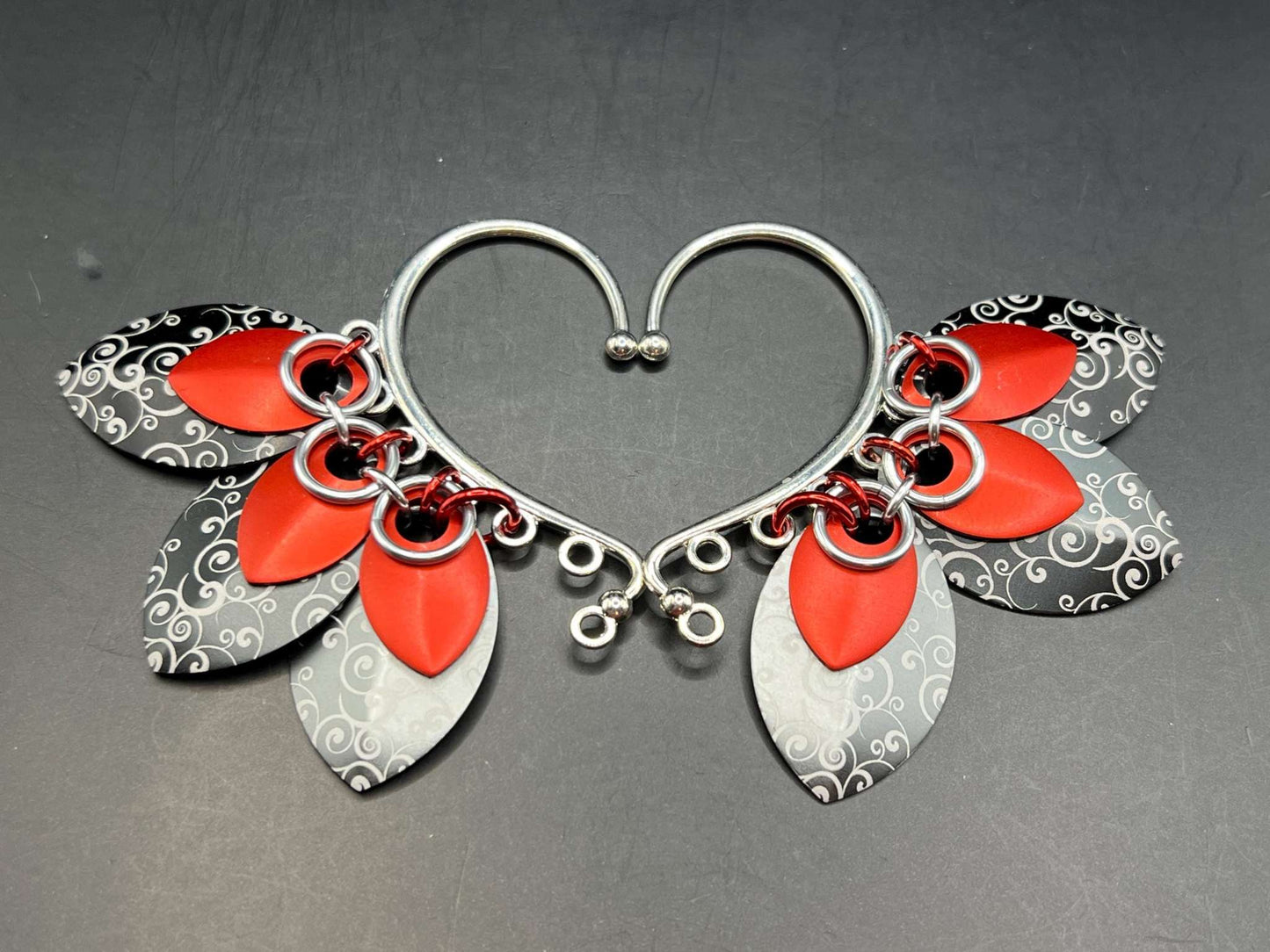 Red & Gray Filigree - Set of 2 Scalemaille Ear Cuffs with Anodized Aluminum Laser Engraved Premium Scales