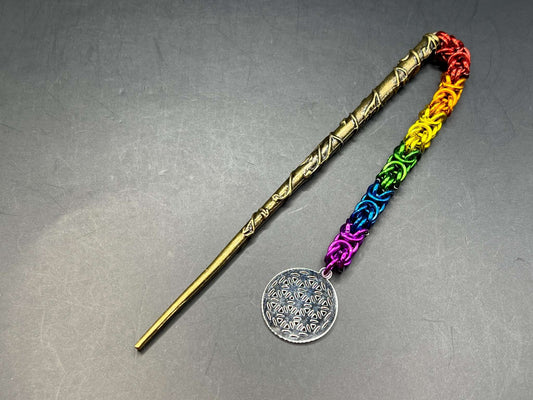 Flower of Life Chainmaille Hair Stick on Magic Wand, Stick Measures 5" in Length