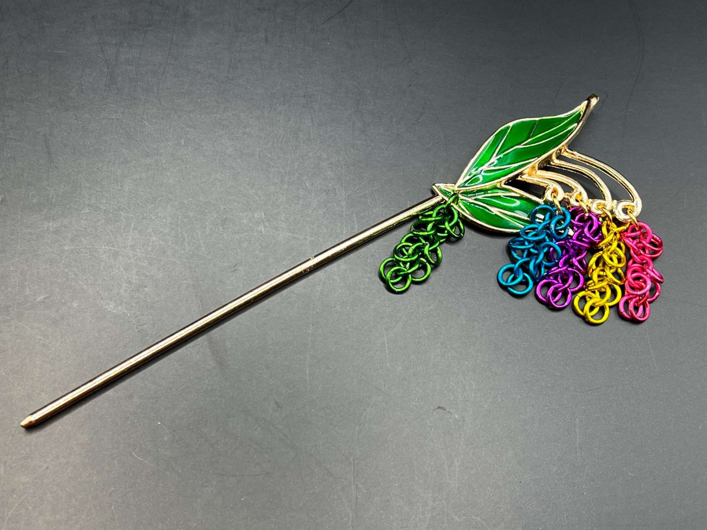 Hyacinth Inspired Chainmaille Hair Stick on Green Leaves, Stick Measures 6.5" in Length