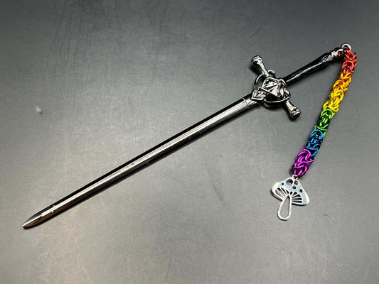 Rainbow Mushroom Chainmaille Hair Stick on Sword, Stick Measures 8" in Length