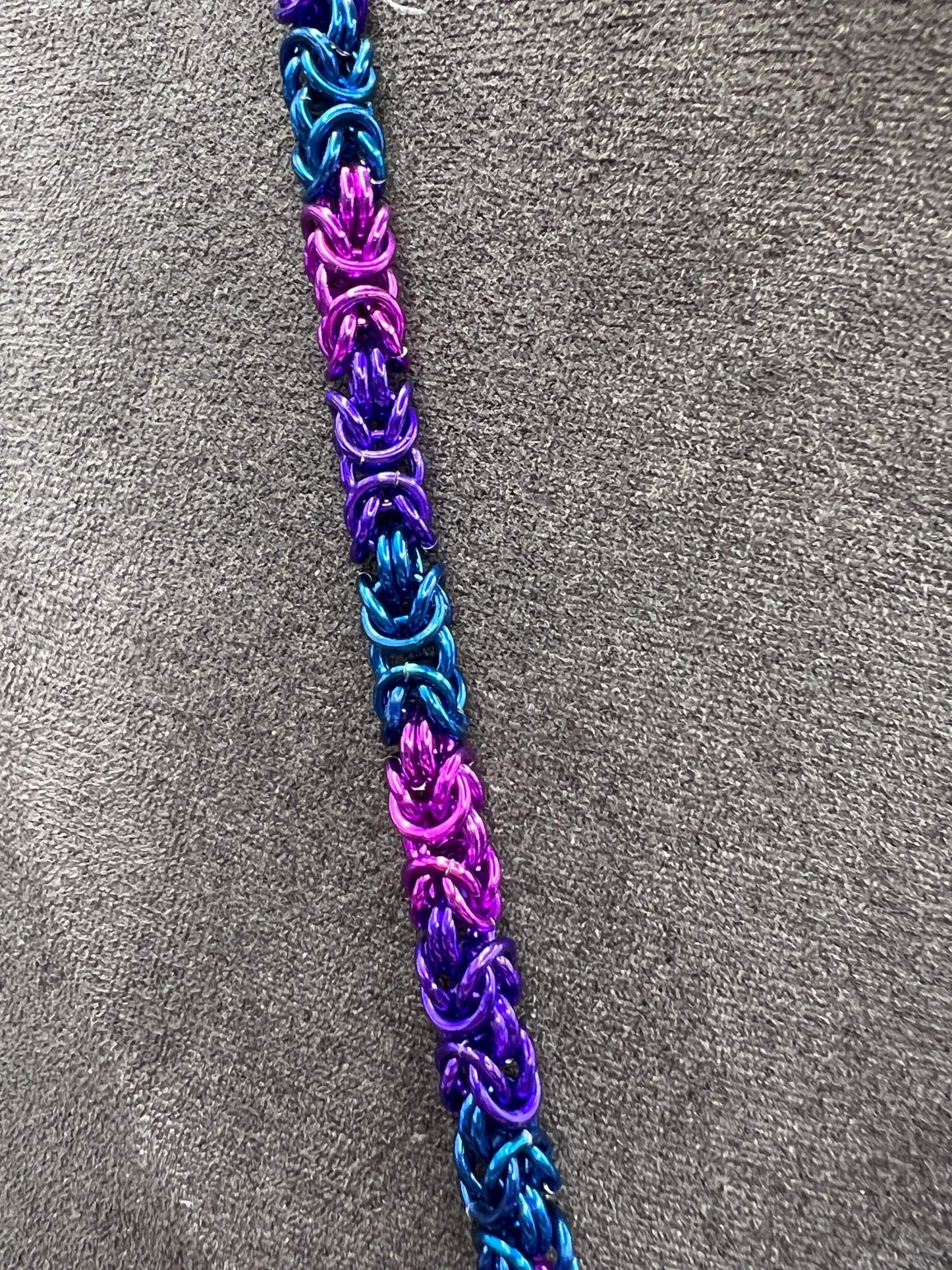 Dyed Quartz Pendant in Purples & Blue Chainmaille Necklace, Petite Byzantine, Anodized Aluminum, Measures Approx. 19.5-21" Long