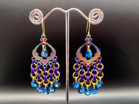 Rainbow & Purple Chainmaille Chandelier Earrings with Glass Gems, Surgical Steel Hooks, Earrings Measure Approx. 2.75" Long Inc. Hooks