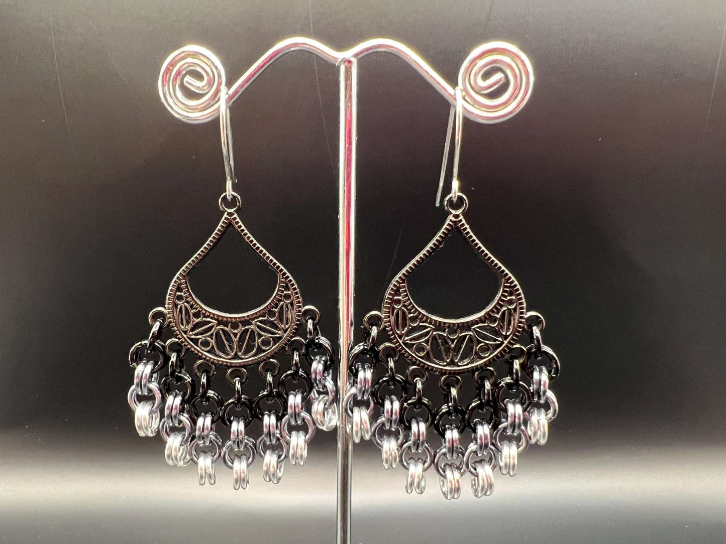 Grayscale Chainmaille Chandelier Earrings, Surgical Steel Hooks, Earrings Measure Approx. 3" Long Inc. Hooks
