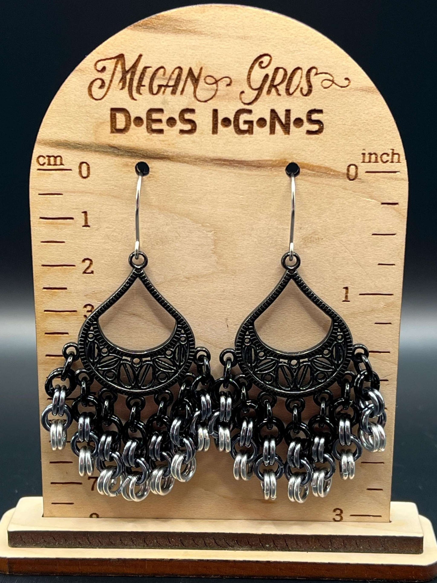 Grayscale Chainmaille Chandelier Earrings, Surgical Steel Hooks, Earrings Measure Approx. 3" Long Inc. Hooks