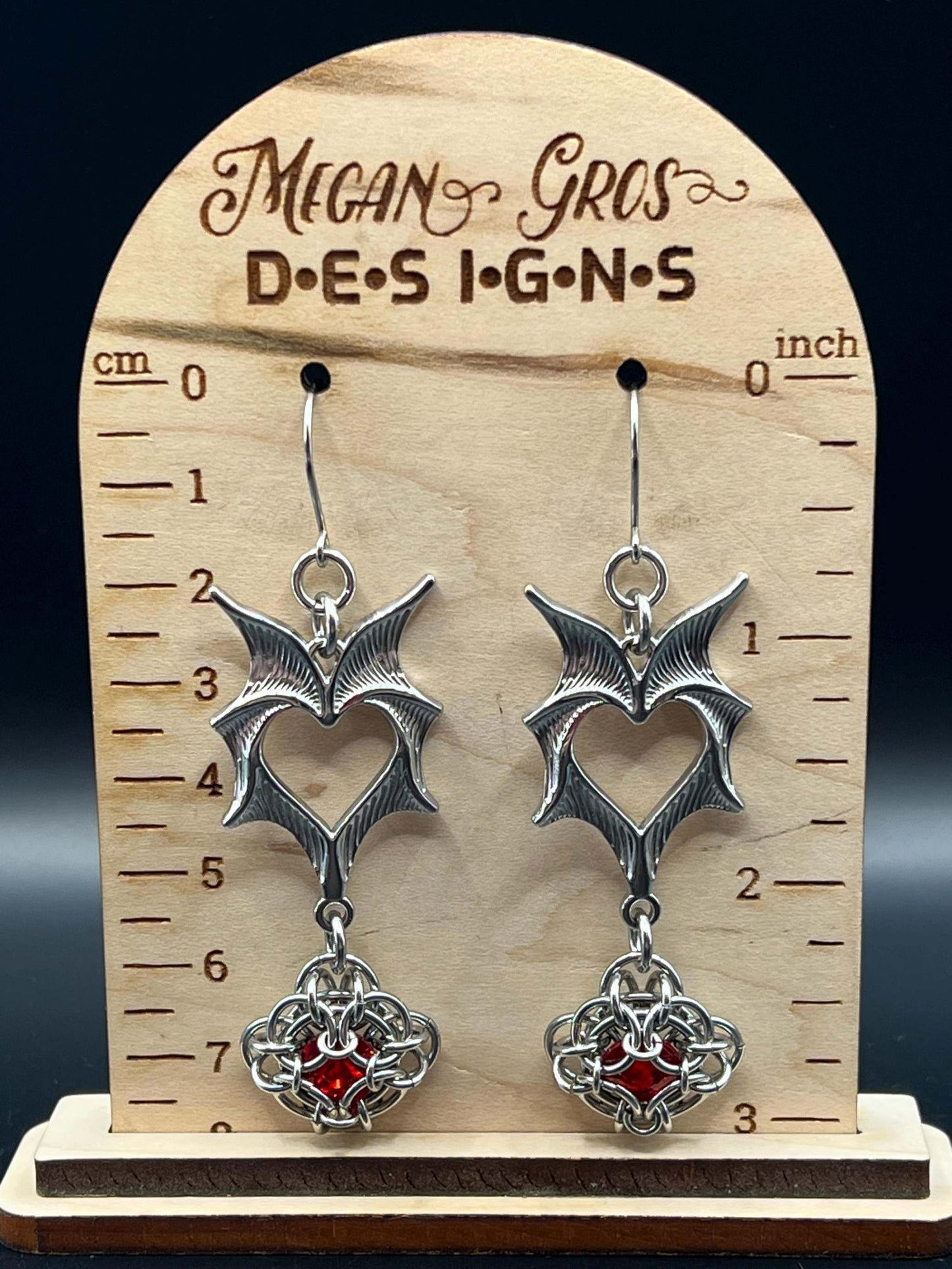 Romantasy-Inspired Bat Wing Chainmaille Earrings with RED Glass Gems, Surgical Steel Hooks, Earrings Measure Approx. 3" Long Inc. Hooks