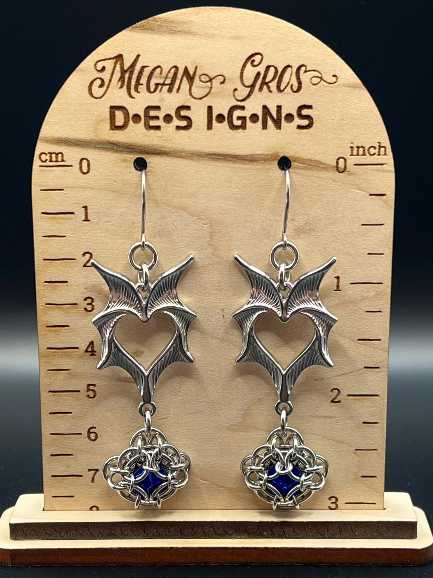 Romantasy-Inspired Bat Wing Chainmaille Earrings with BLUE Glass Gems, Surgical Steel Hooks, Earrings Measure Approx. 3" Long Inc. Hooks
