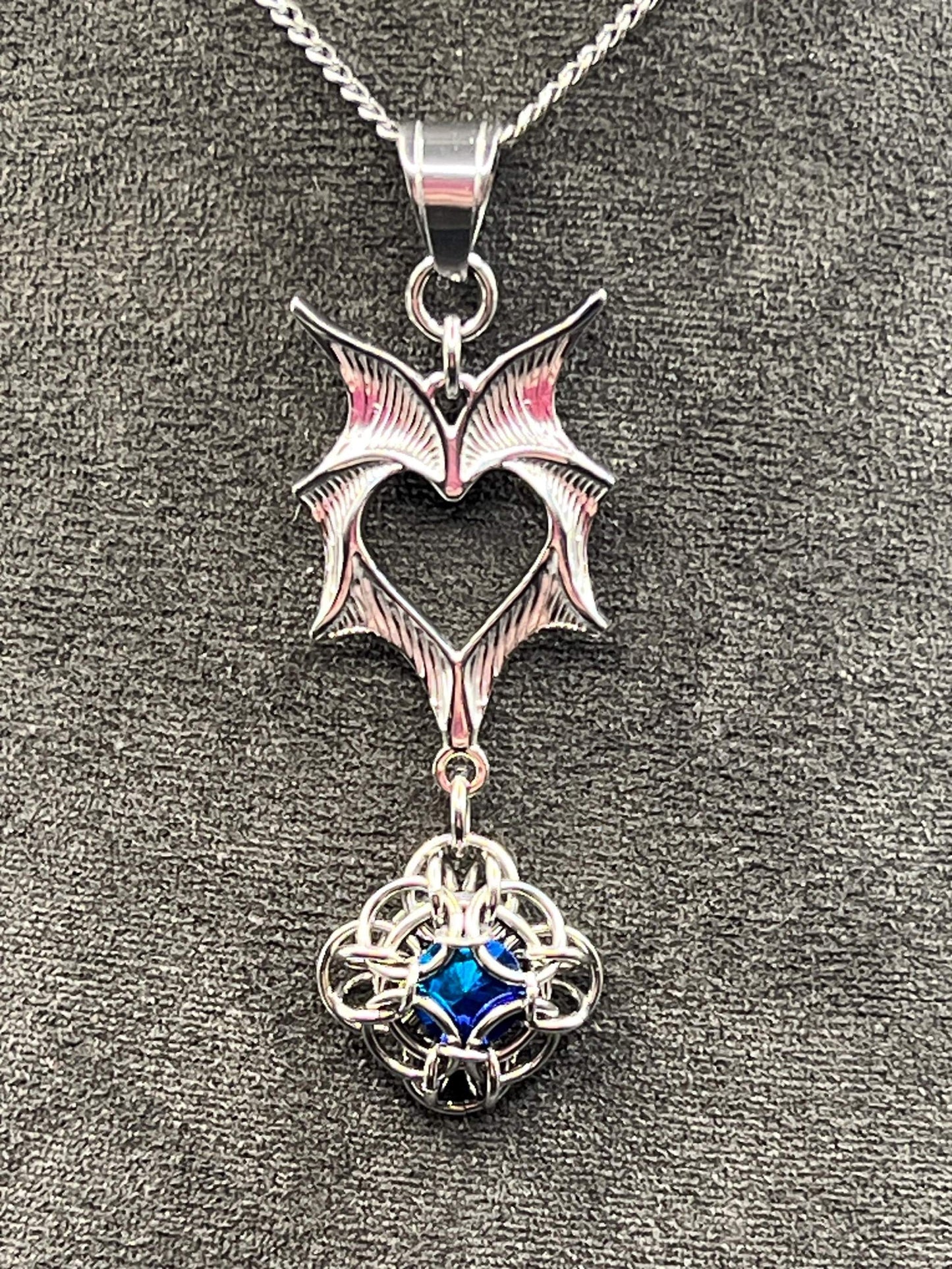 Romantasy-Inspired Bat Wing Pendant with BLUE Glass Gem, Solid Stainless Steel Chainmaille Pendant on 20" Stainless Steel Necklace Chain
