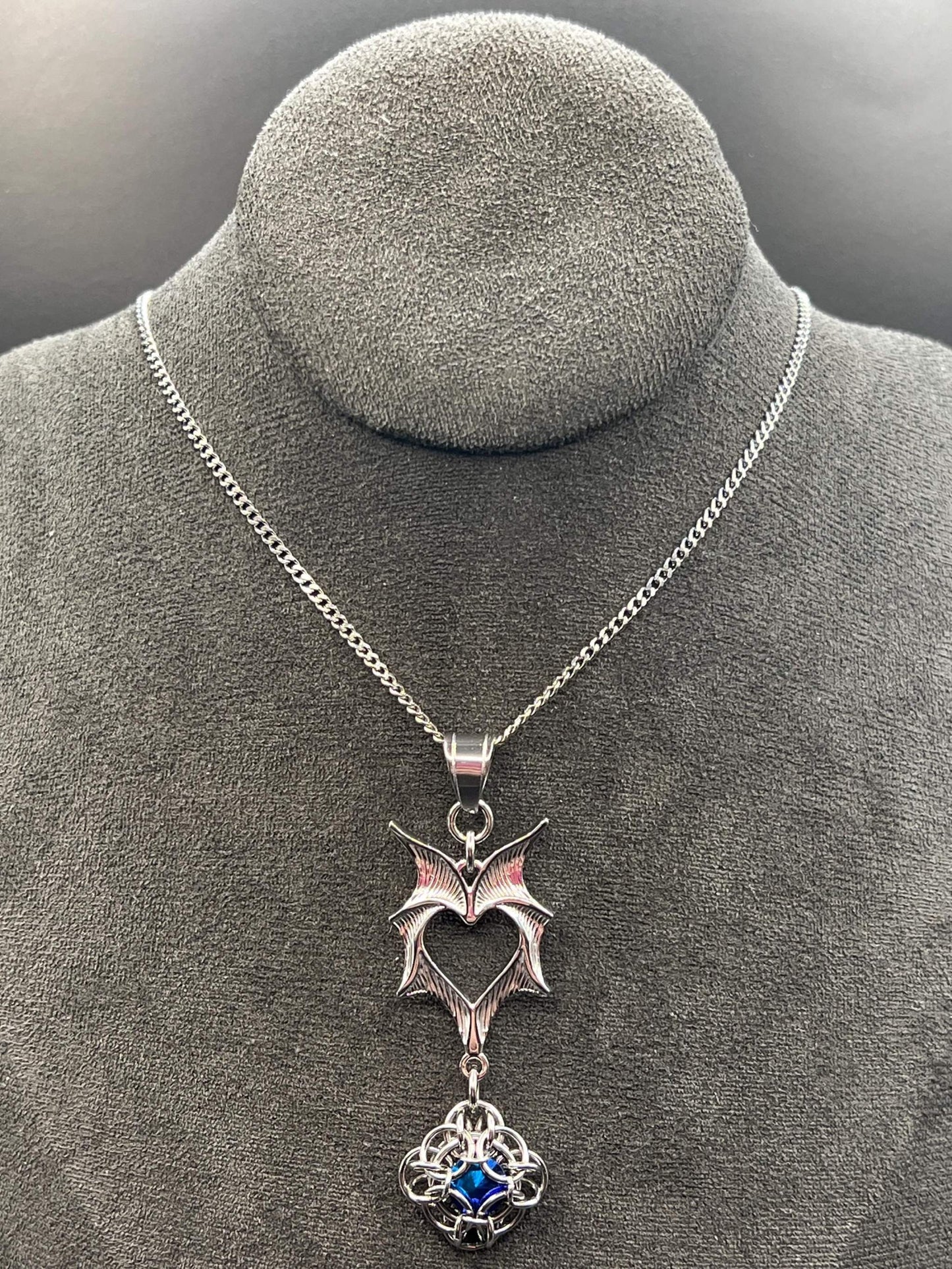 Romantasy-Inspired Bat Wing Pendant with BLUE Glass Gem, Solid Stainless Steel Chainmaille Pendant on 20" Stainless Steel Necklace Chain
