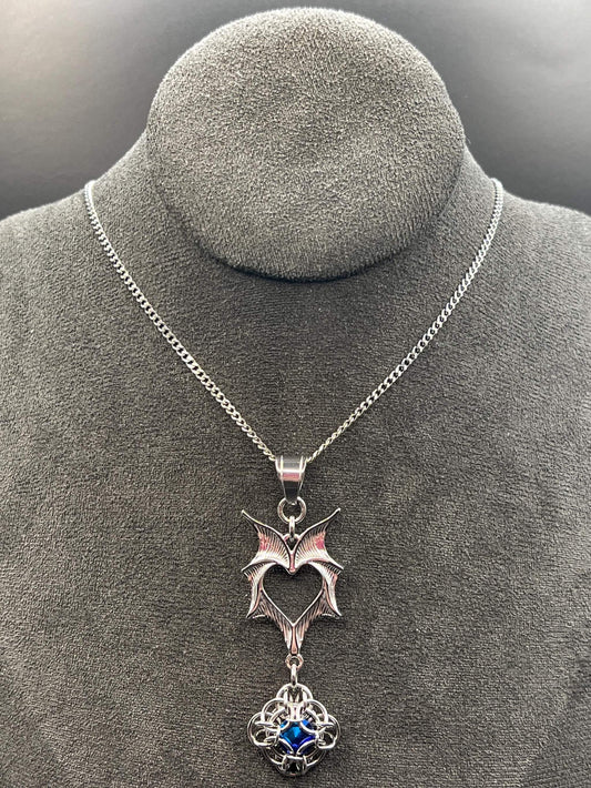 Romantasy-Inspired Bat Wing Pendant with BLUE Glass Gem, Solid Stainless Steel Chainmaille Pendant on 20" Stainless Steel Necklace Chain