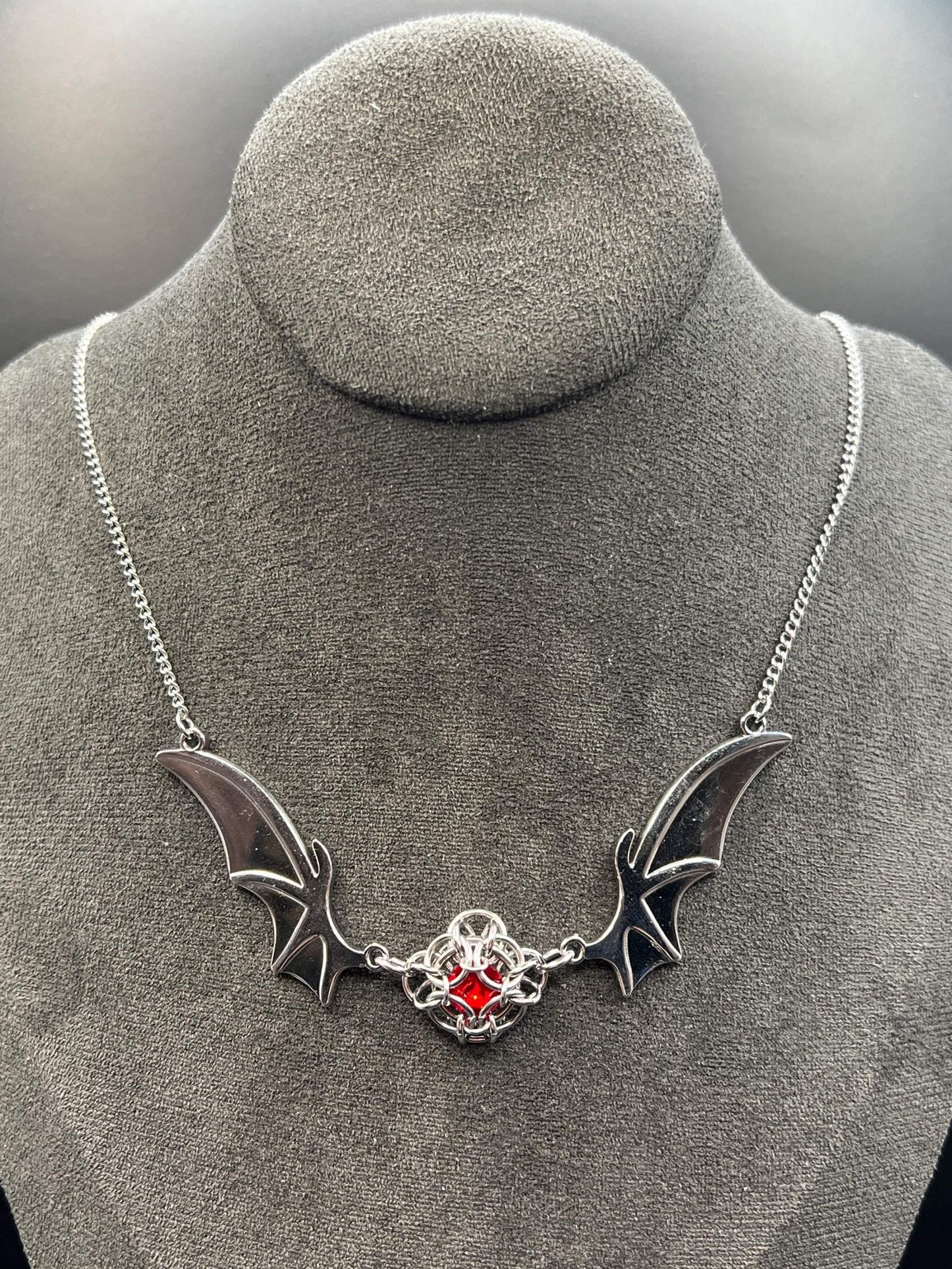 Romantasy-Inspired Bat Wing Necklace with RED Glass Gem, Solid Stainless Steel Chainmaille Pendant, Necklace Measures Approx. 20" Long