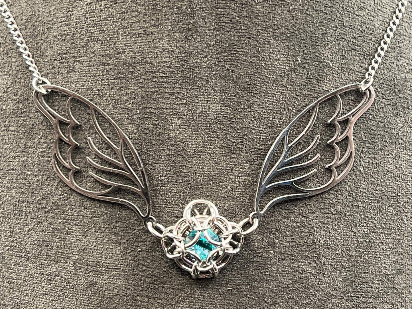Fantasy-Inspired Fairy Wing Necklace with BLUE Glass Gem, Solid Stainless Steel Chainmaille Pendant, Necklace Measures Approx. 20" Long