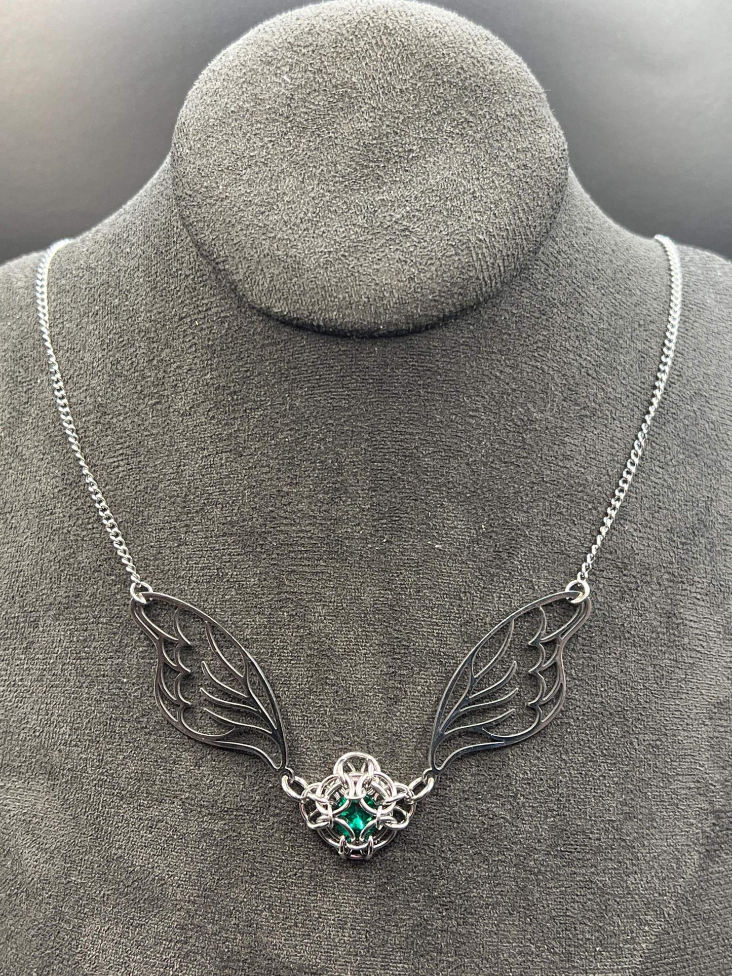 Fantasy-Inspired Fairy Wing Necklace with GREEN Glass Gem, Solid Stainless Steel Chainmaille Pendant, Necklace Measures Approx. 20" Long